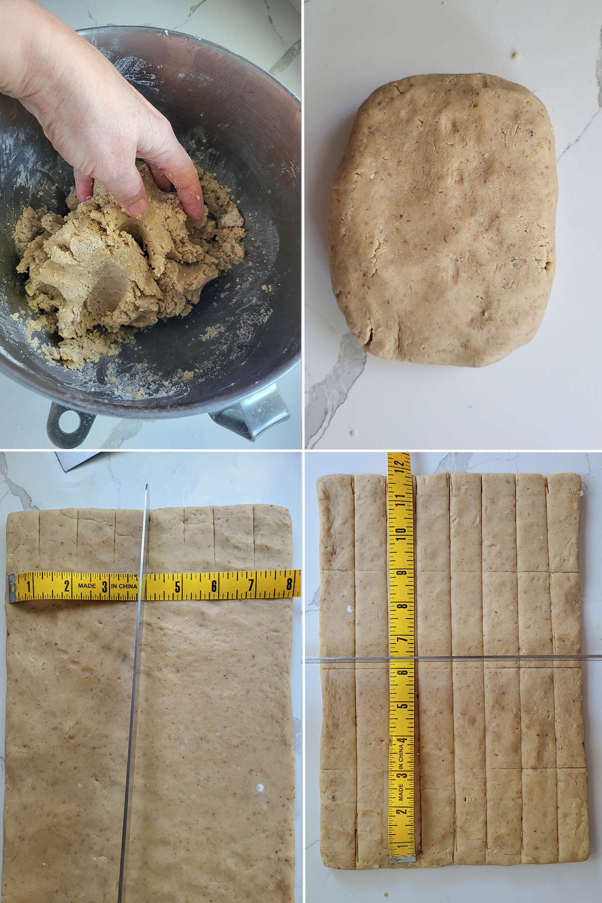 walnut shortbread dough in a bowl and rolled into a rectangle.