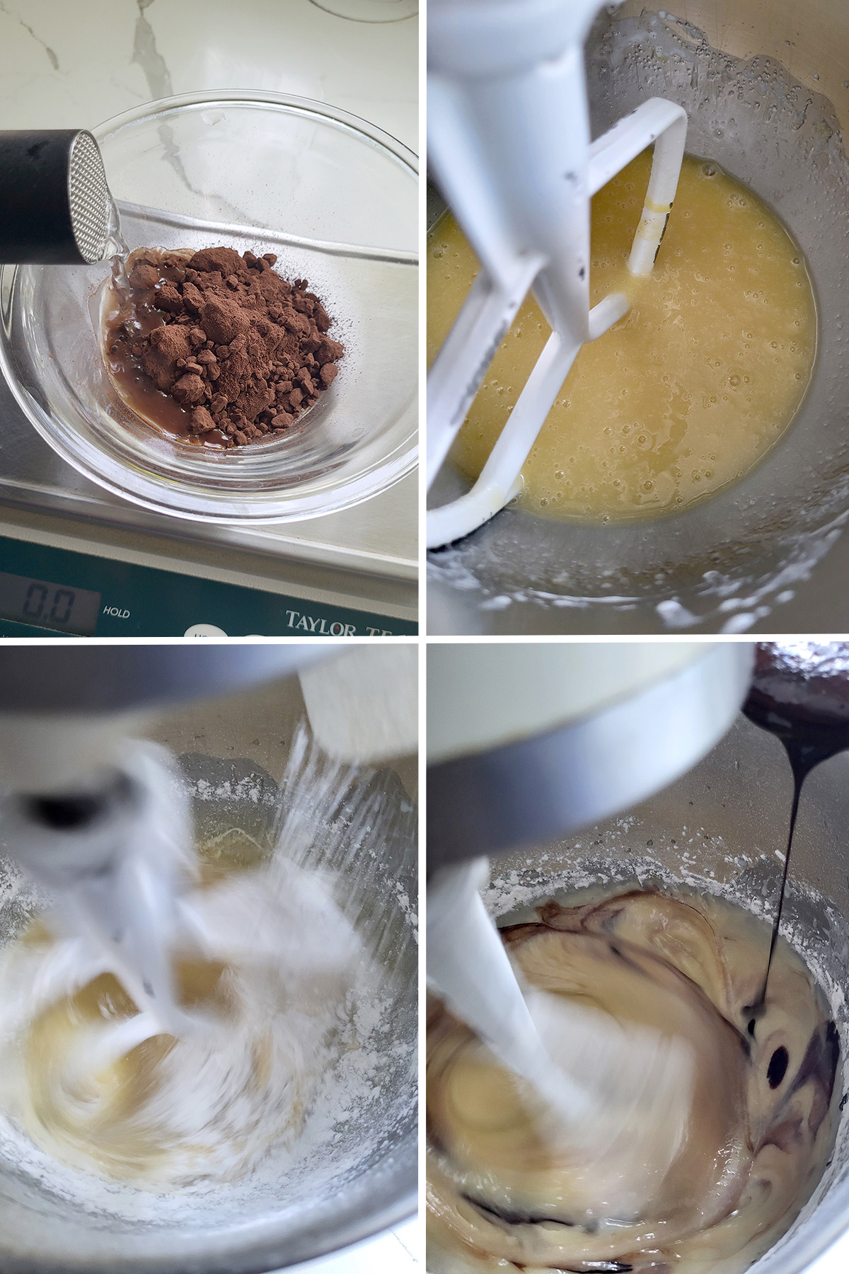 cocoa and water in a bowl. Eggs and oil in a bowl. Flour and cocoa added to eggs in a bowl.
