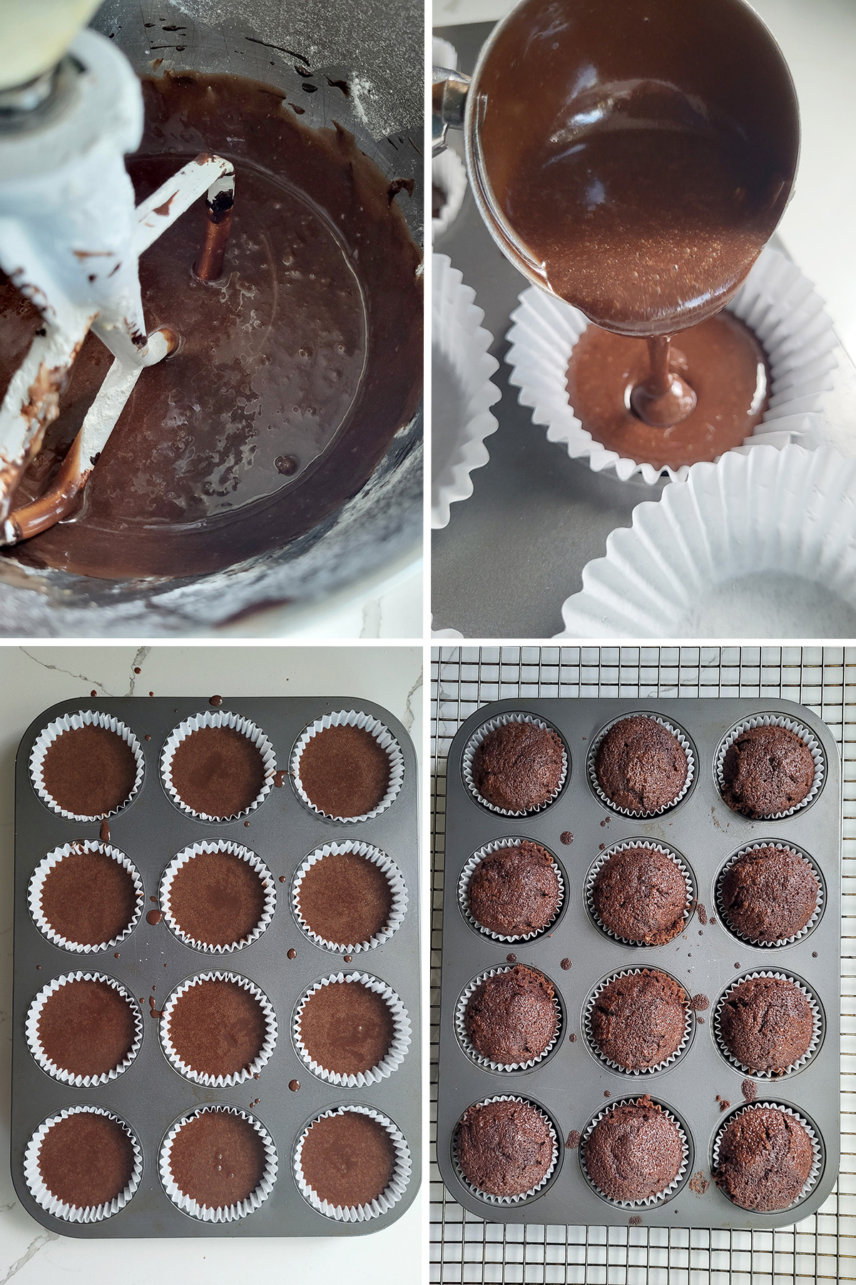 chocolate cake batter in a bowl. A scooper portioning cake batter in cupcake pan. Cupcakes in a pan before and after baking. 
