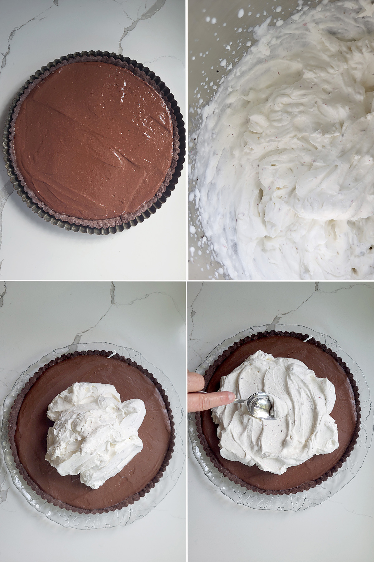 a chocolate filled tart with cream being spread on top.
