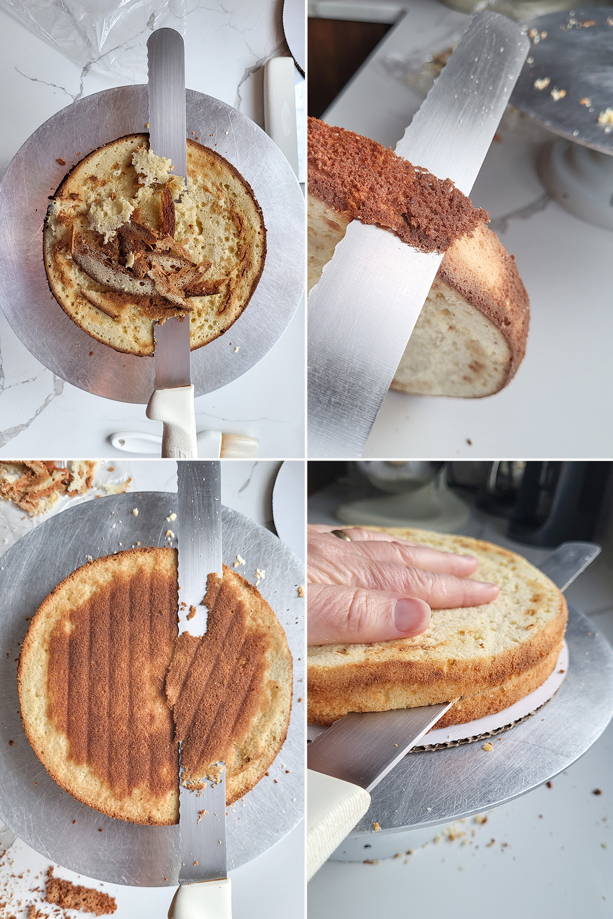 a serrated knife trimming brown edges from a vanilla cake.