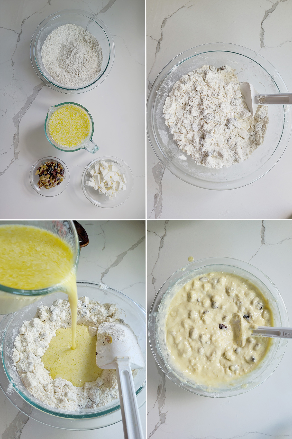 dry ingredients in a bowl and wet ingredients in another bowl. Mixing the wet ingredients into the dry ingredients. A bowl of batter.