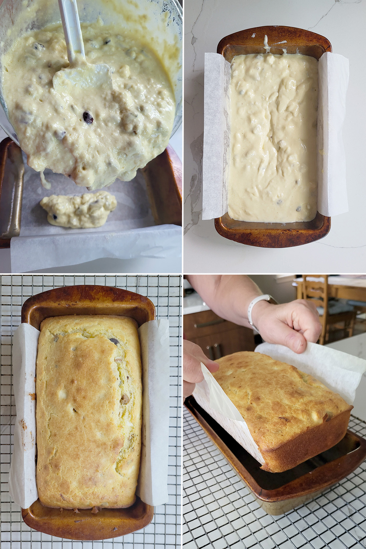 batter pouring into a loaf pan. A loaf of quick bread before and after baking. Lifting bread out of the pan using parchment sling.