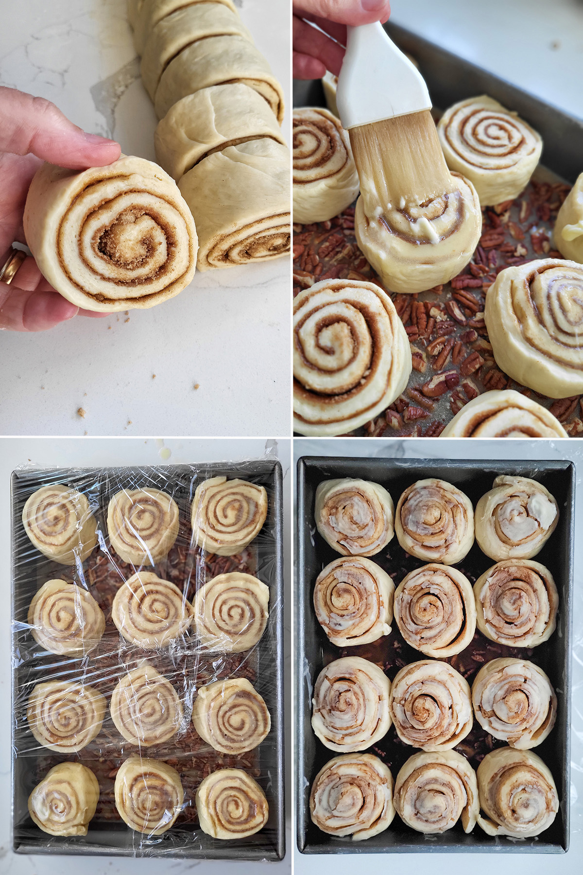 slicing sourdough sticky buns and setting in a pan.