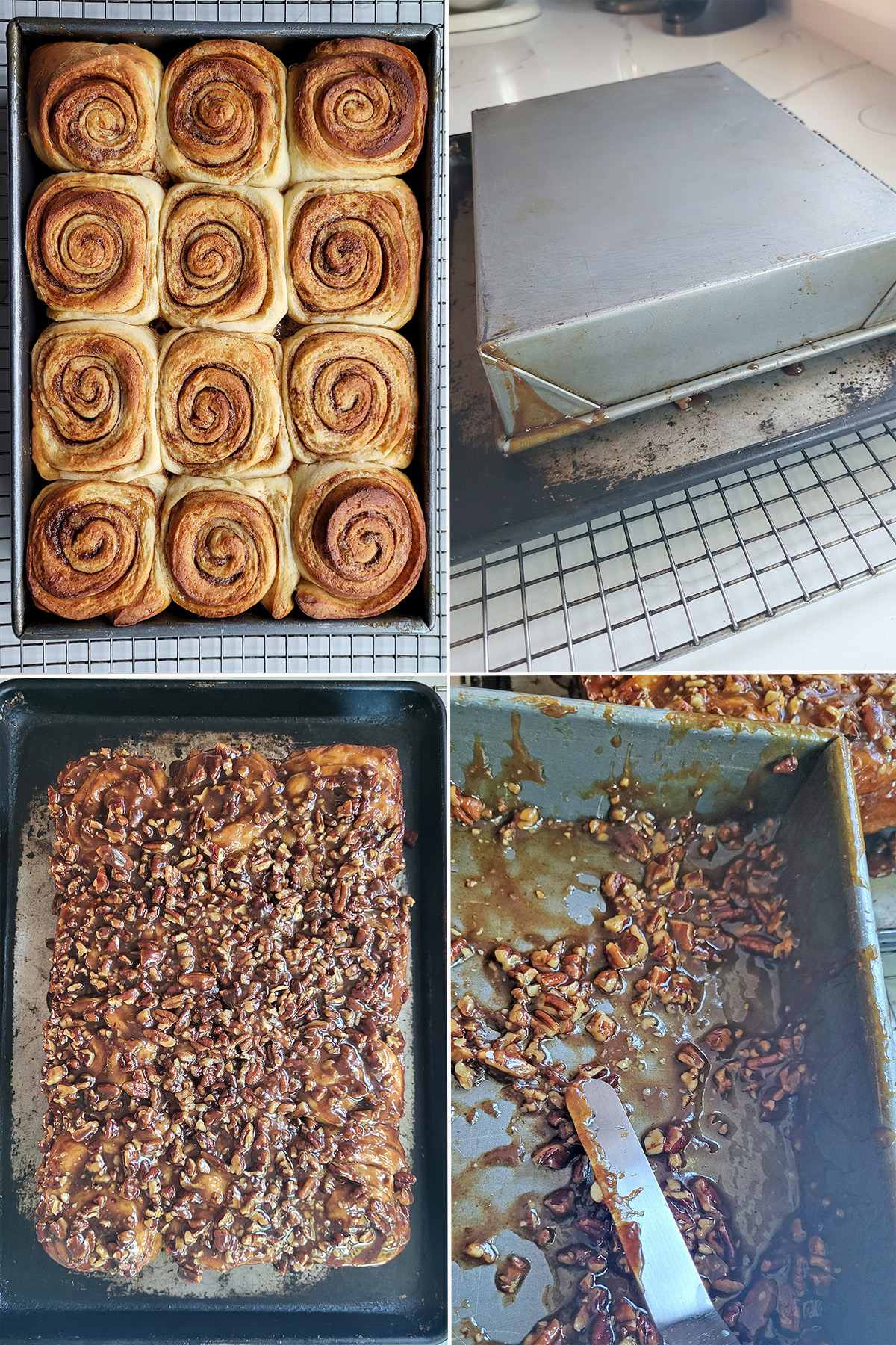 sourdough sticky buns in a pan and then turned onto a sheet pan.