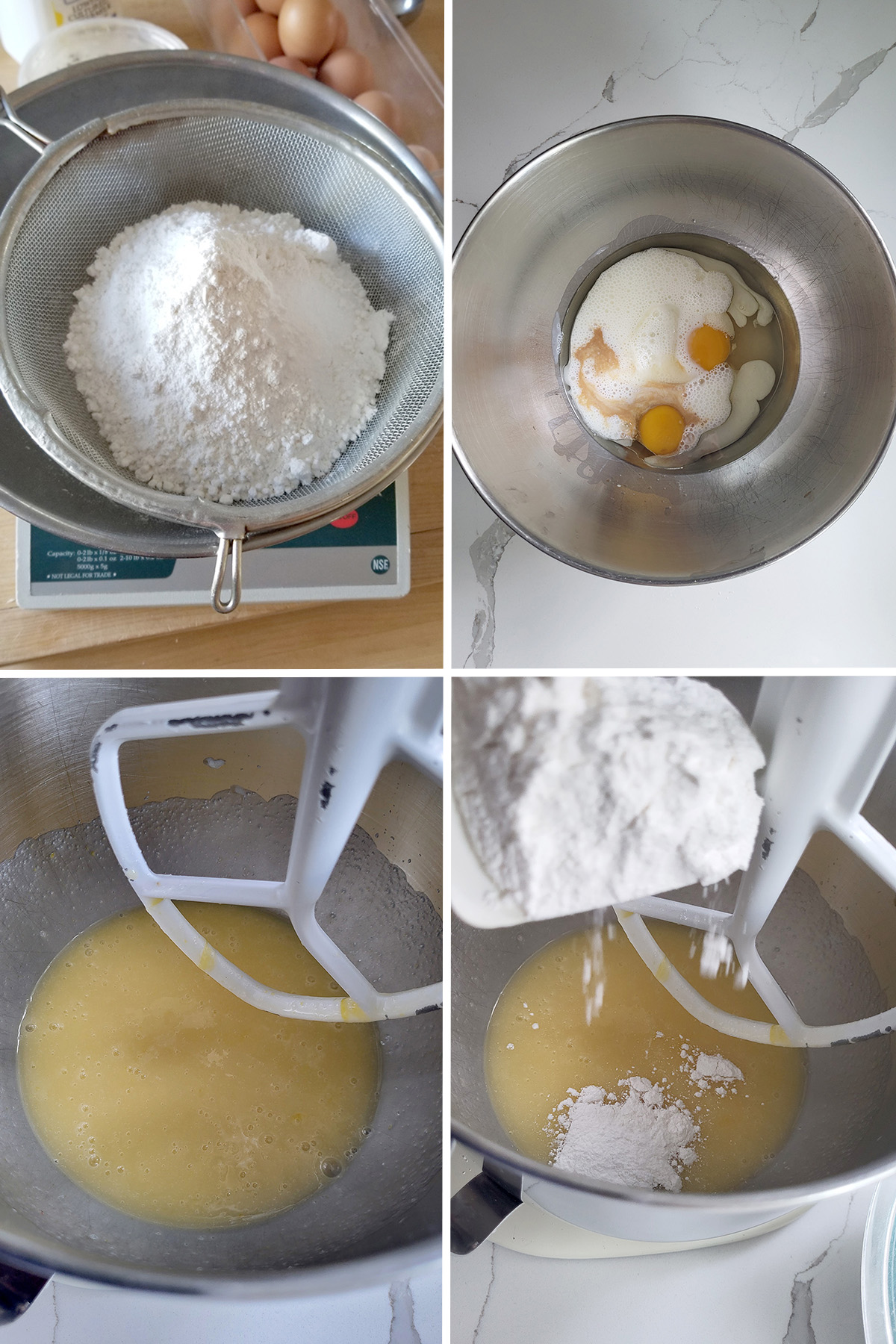 flour in a sieve. Eggs and buttermilk in a bowl. Flour added to eggs in a bowl.