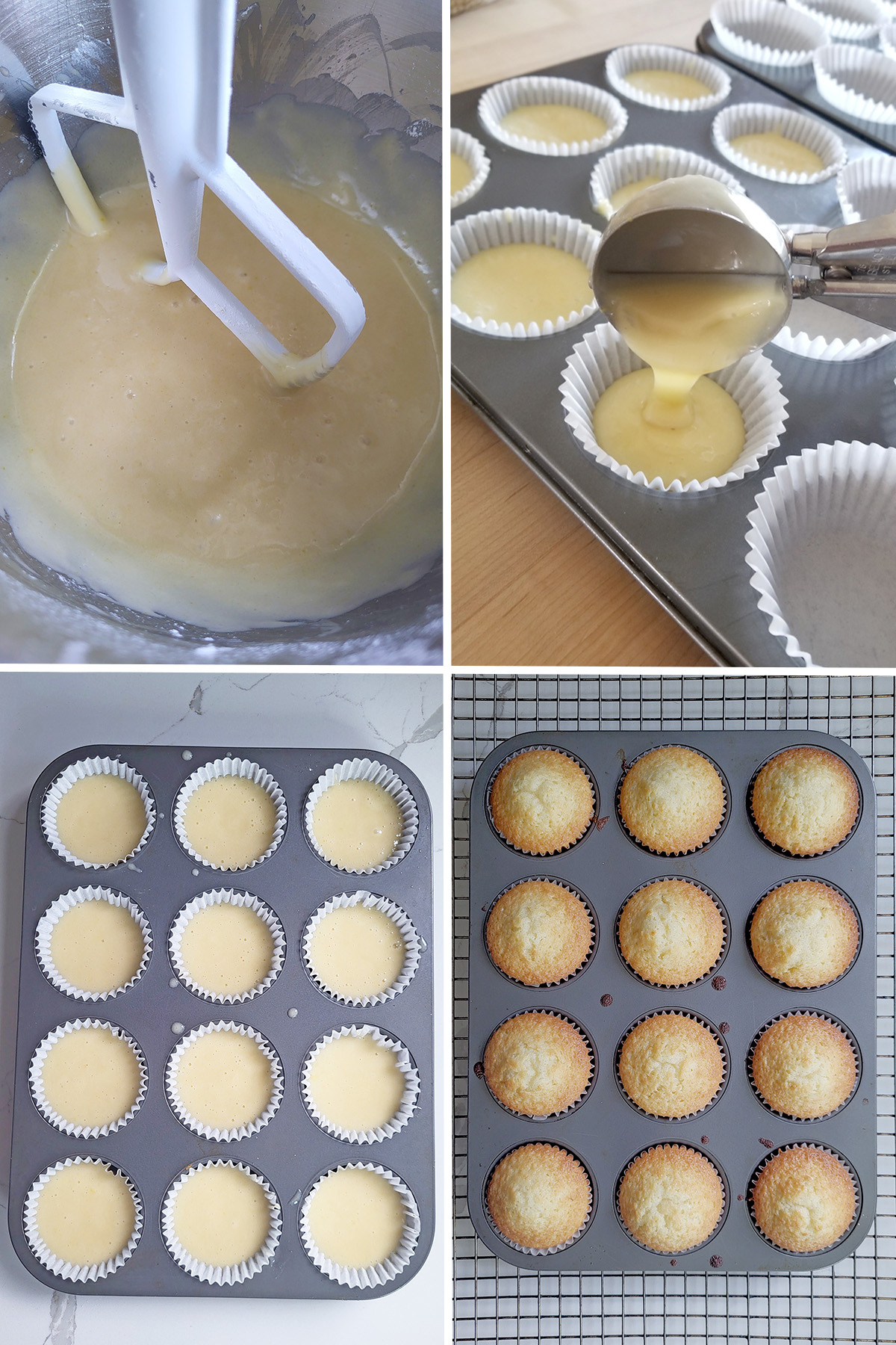 vanilla cake batter in a bowl. Scooping cake batter into cupcake pan. vanilla cupcakes before and after baking.