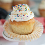 a vanilla cupcakes with vanilla frosting and sprinkles.