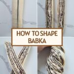 a pinterest image for how to shape babka with text overlay.