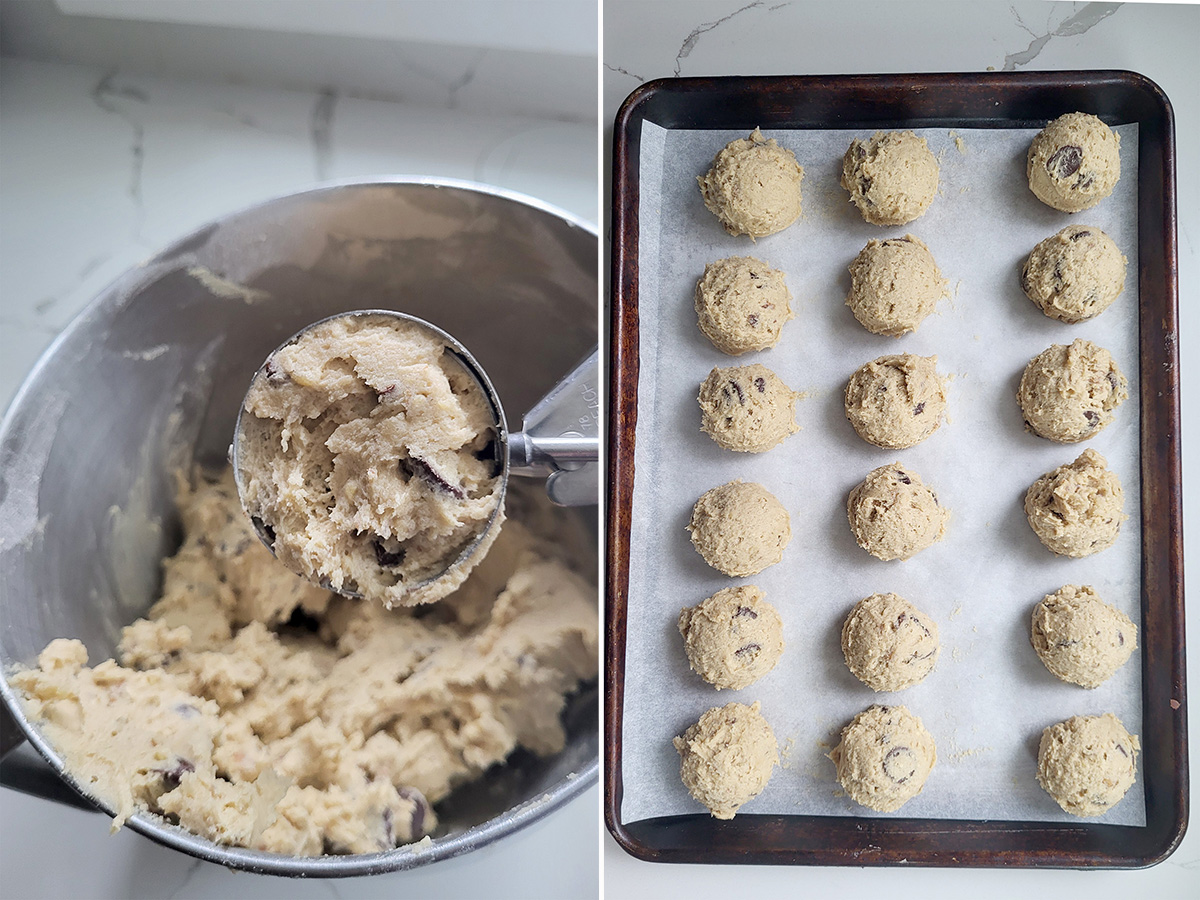 banana chocolate chunk cookie dough scooped on a tray.