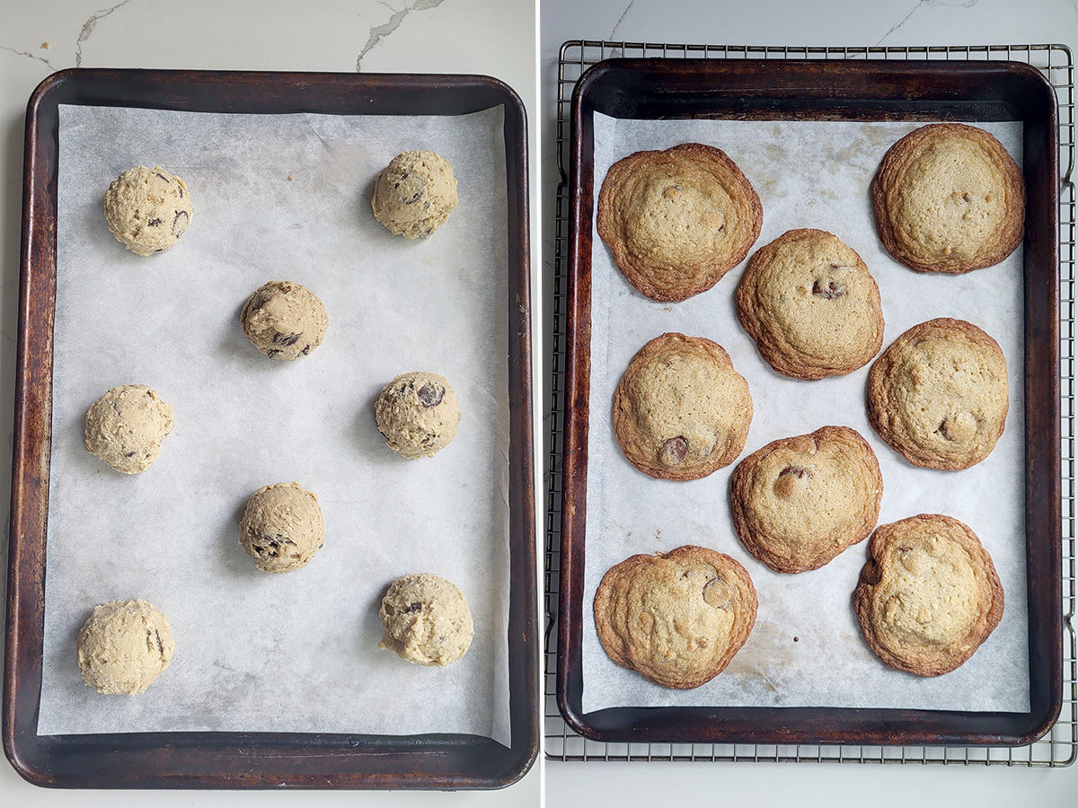 banana chocolate chunk cookies before and after baking.