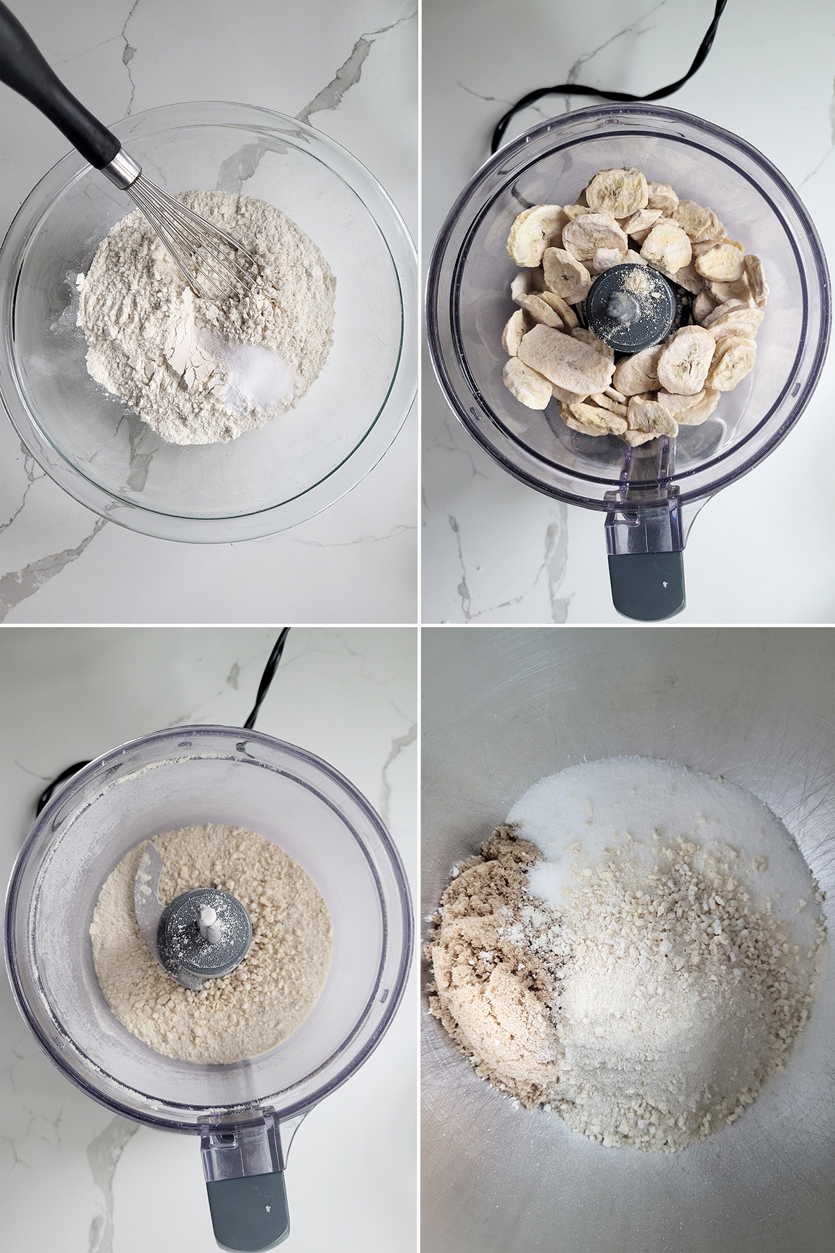 Freeze dried banana chips in a food process before and after grinding to a powder.