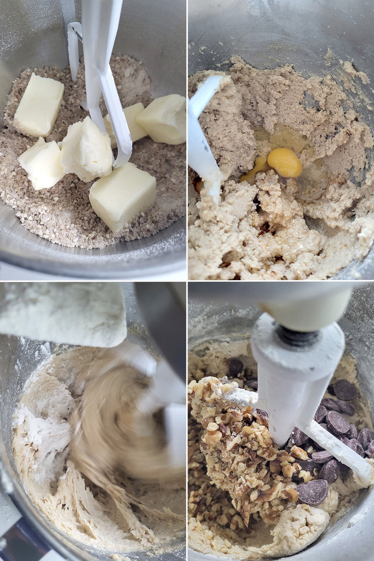 dry ingredients for banana cookies in a mixing bowl with butter. Cookie dough in a mixing bowl.
