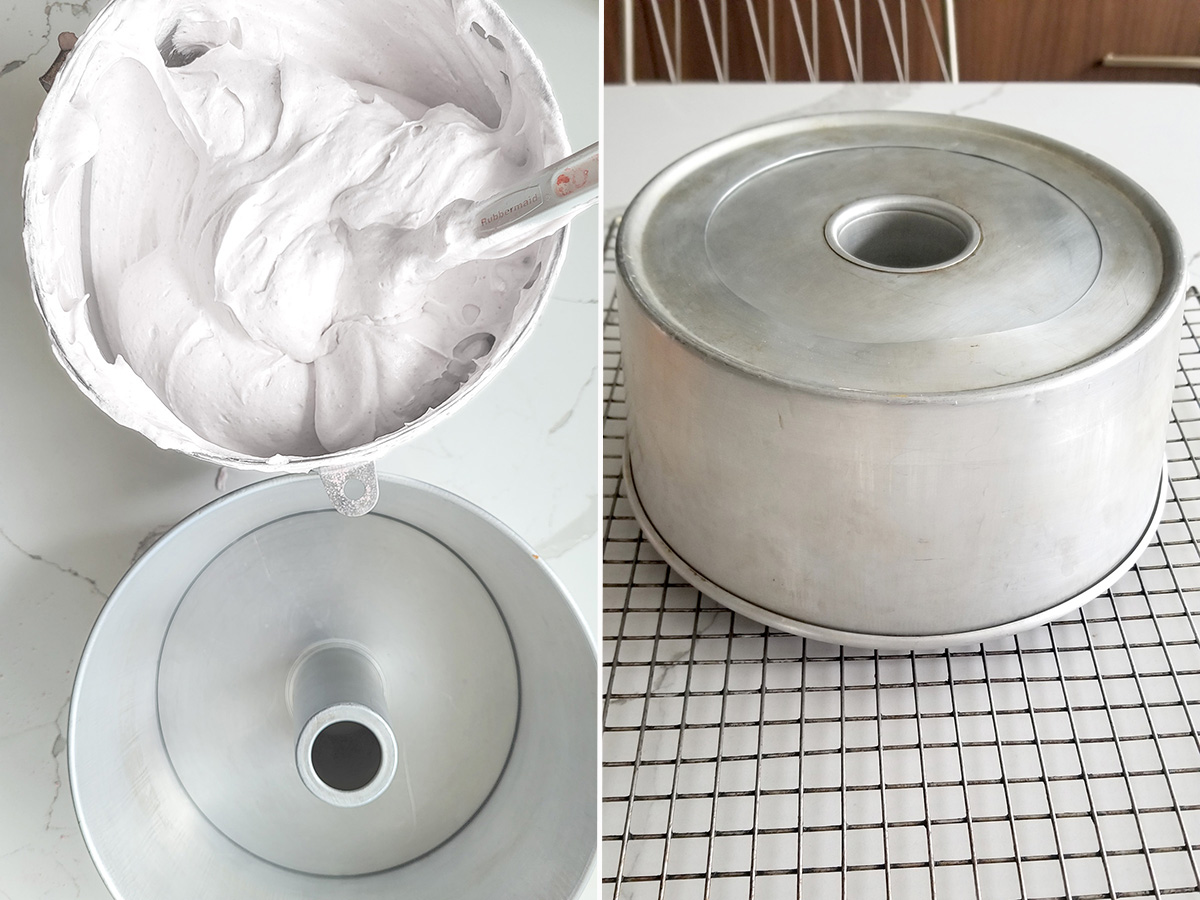 ungreased tube pan and a bowl of meringue. a tube pan upside down on a cooling rack.