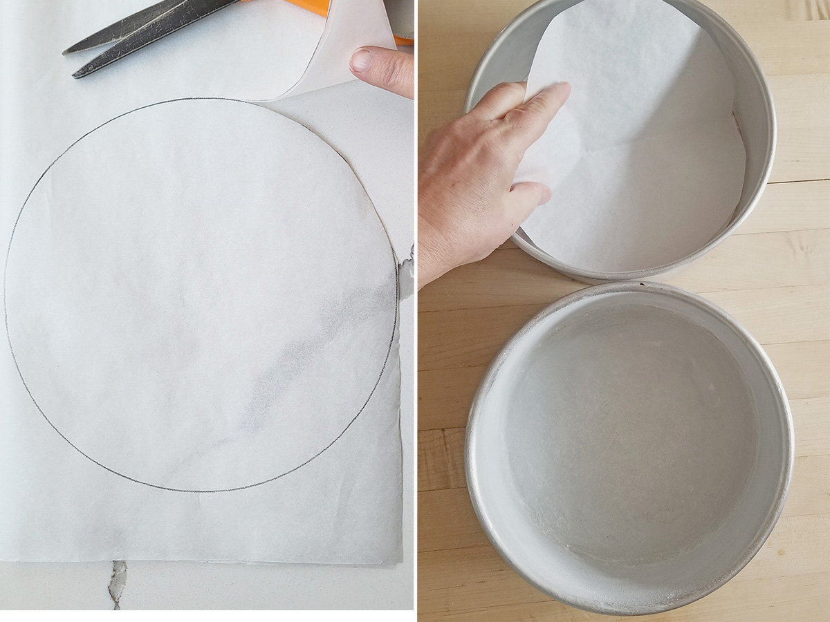 scissors cutting a circle of parchment paper. a cake pan lined with parchment circle and a cake pan buttered and floured. 