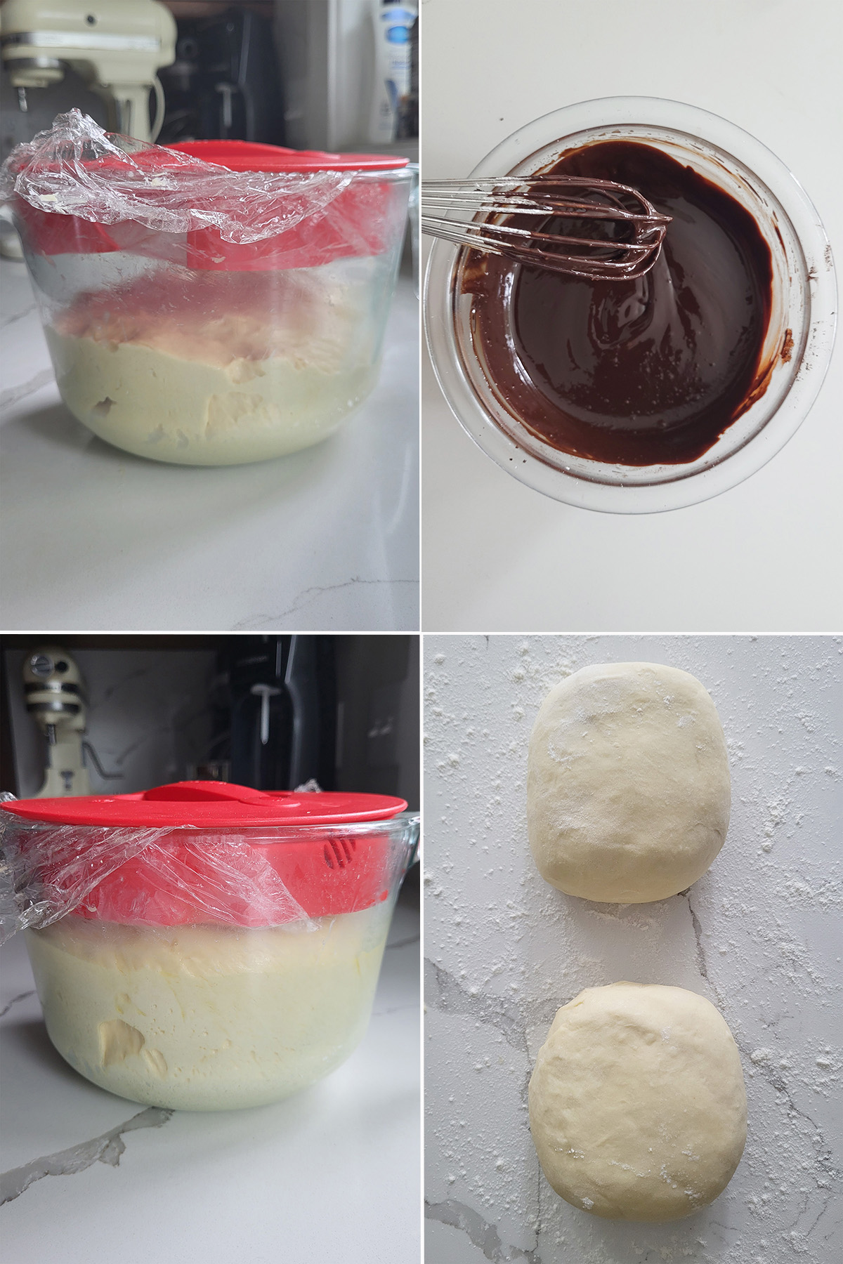 a glass bowl of unrisen dough. chocolate filling in a bowl. risen dough in a bowl. two pieces of dough.