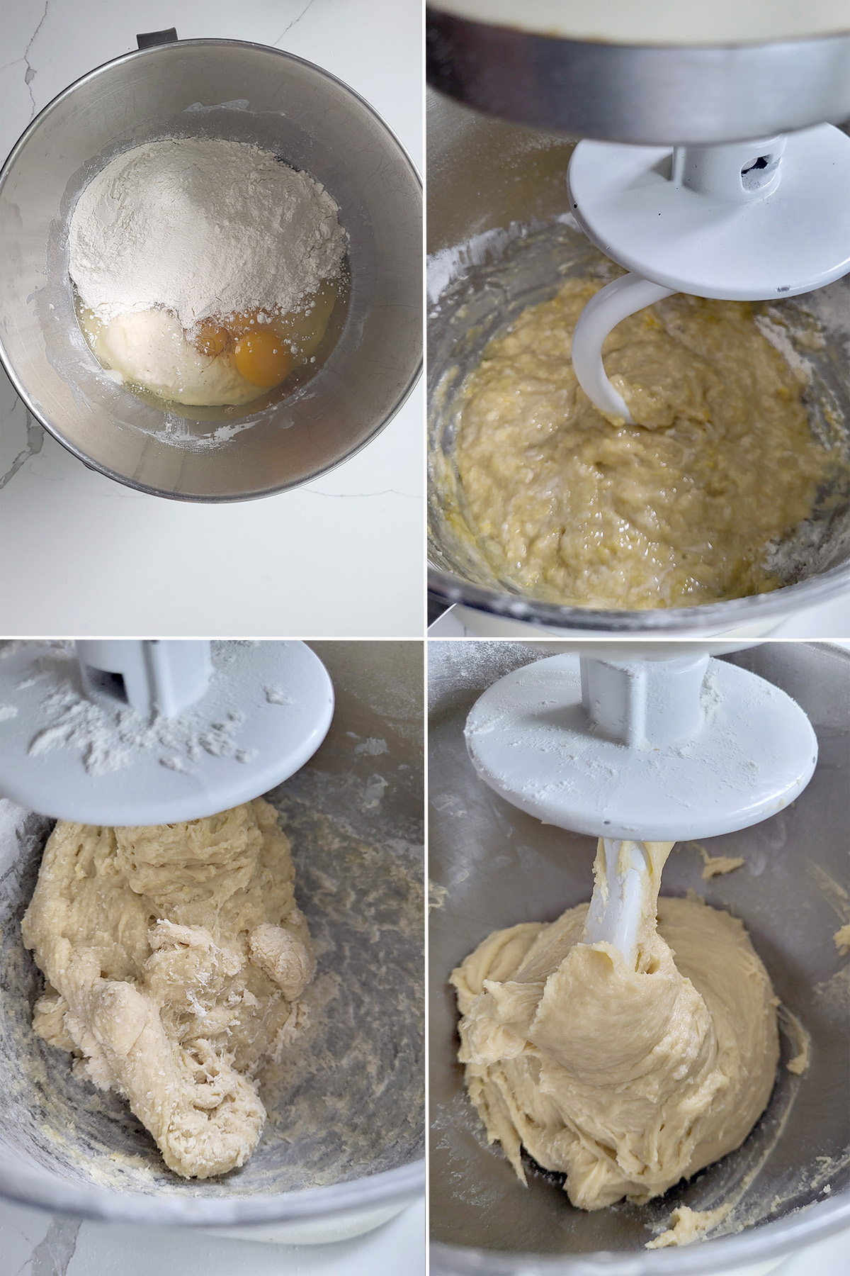 milk, yeast, eggs and flour in a bowl. Shaggy bread dough in a bowl. smooth dough in a bowl.