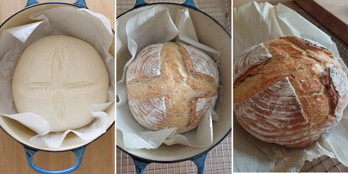 bread baking in a dutch oven.