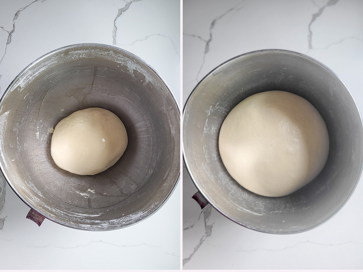 a bowl of bread dough before and after rising. 