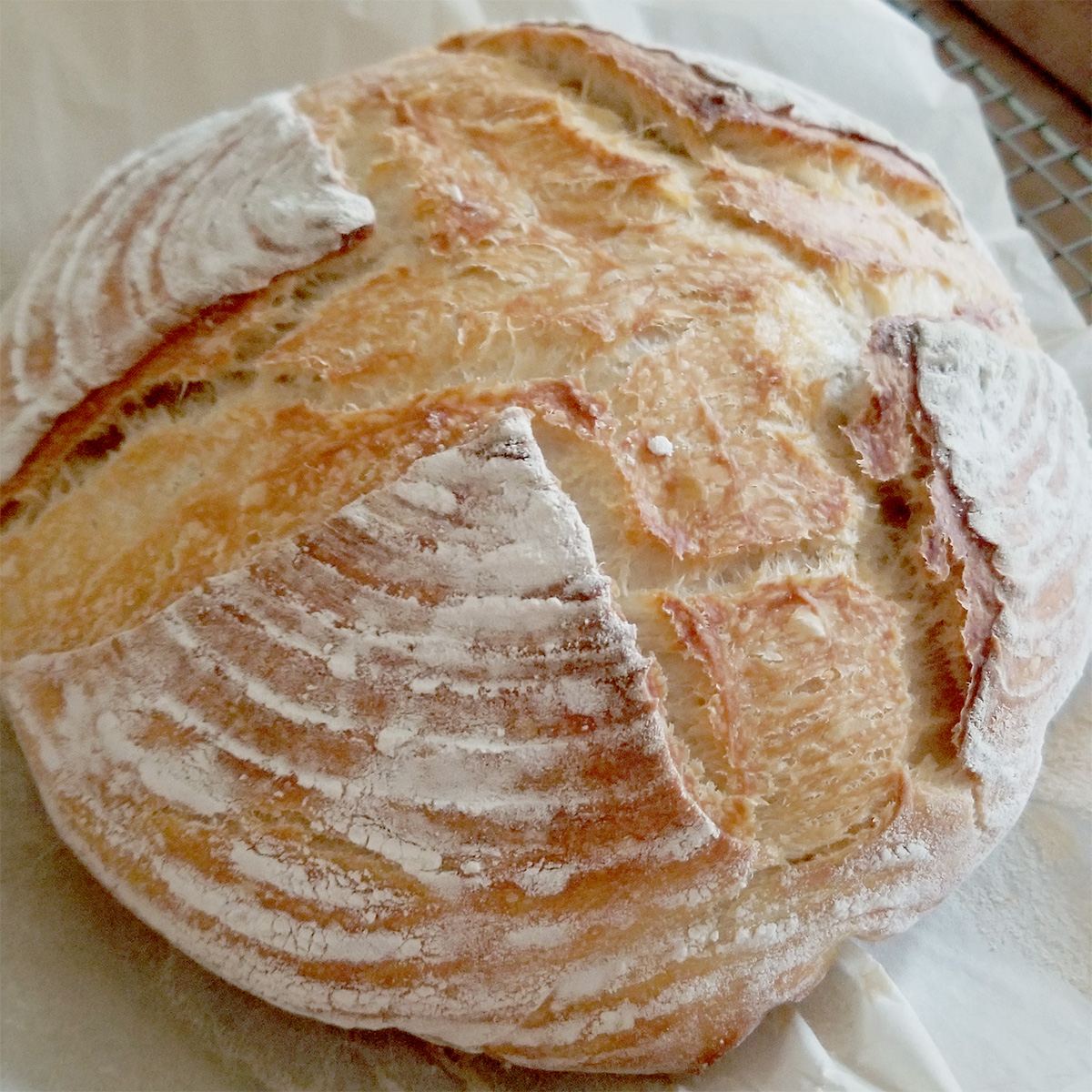 a loaf of crusty bread on a cooling rack.