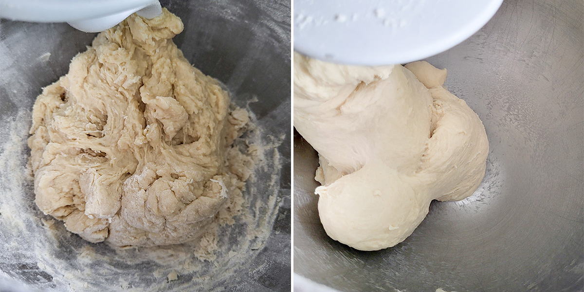 bread dough in a mixer bowl before and after kneading.