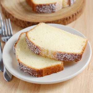 slices of pound cake on a white plate.