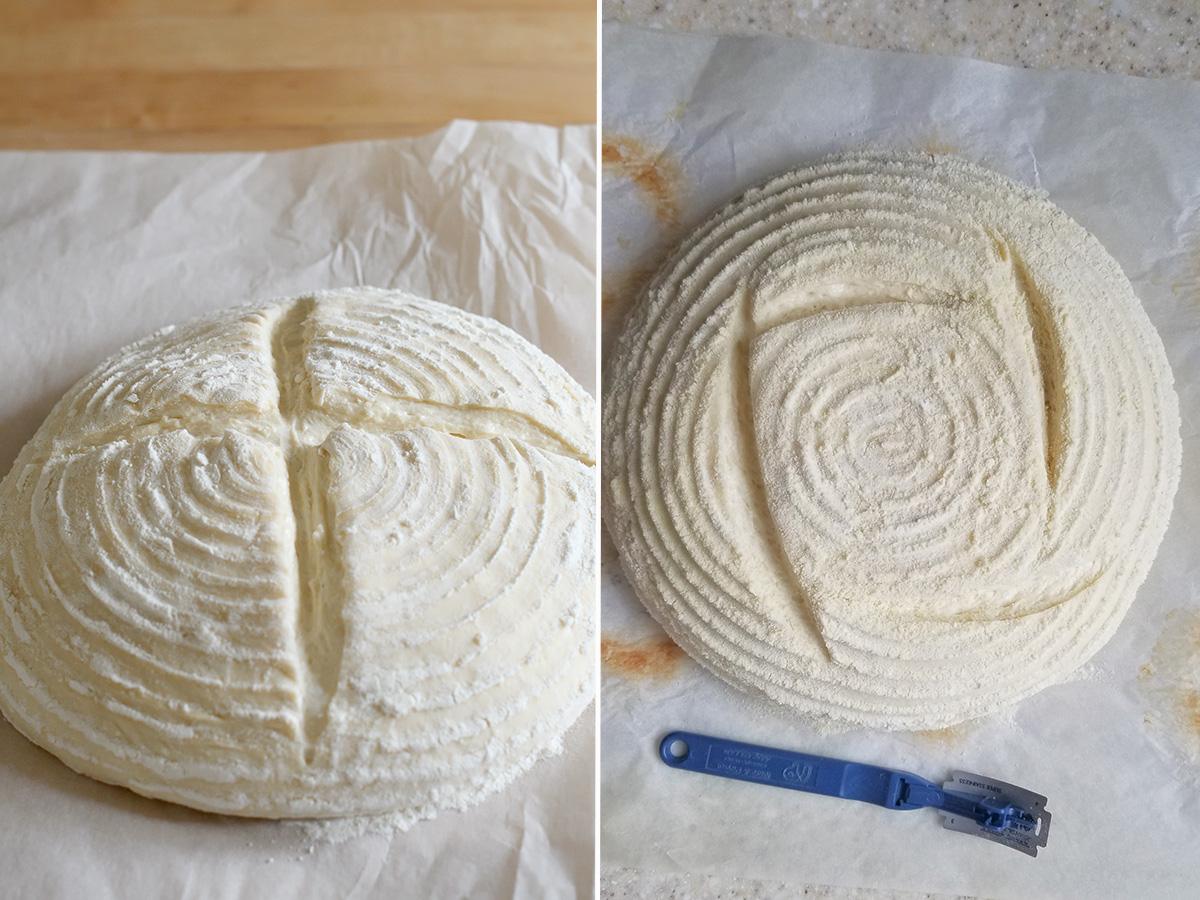two unbaked bread boules scored with different patterns.