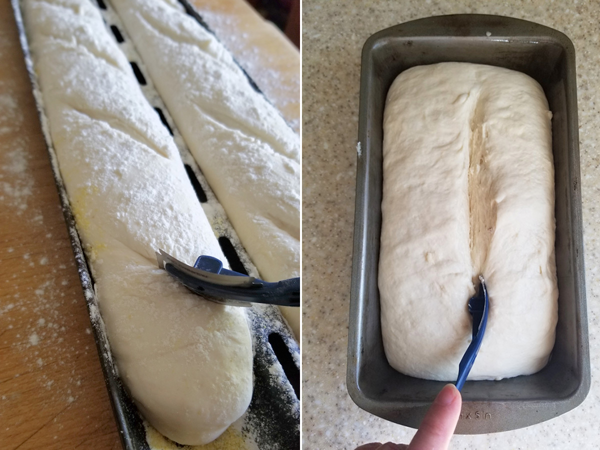unbaked baguette and loaf being slashed with bread blade.