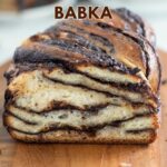 a pinterest image for sourdough babka with text overlay.