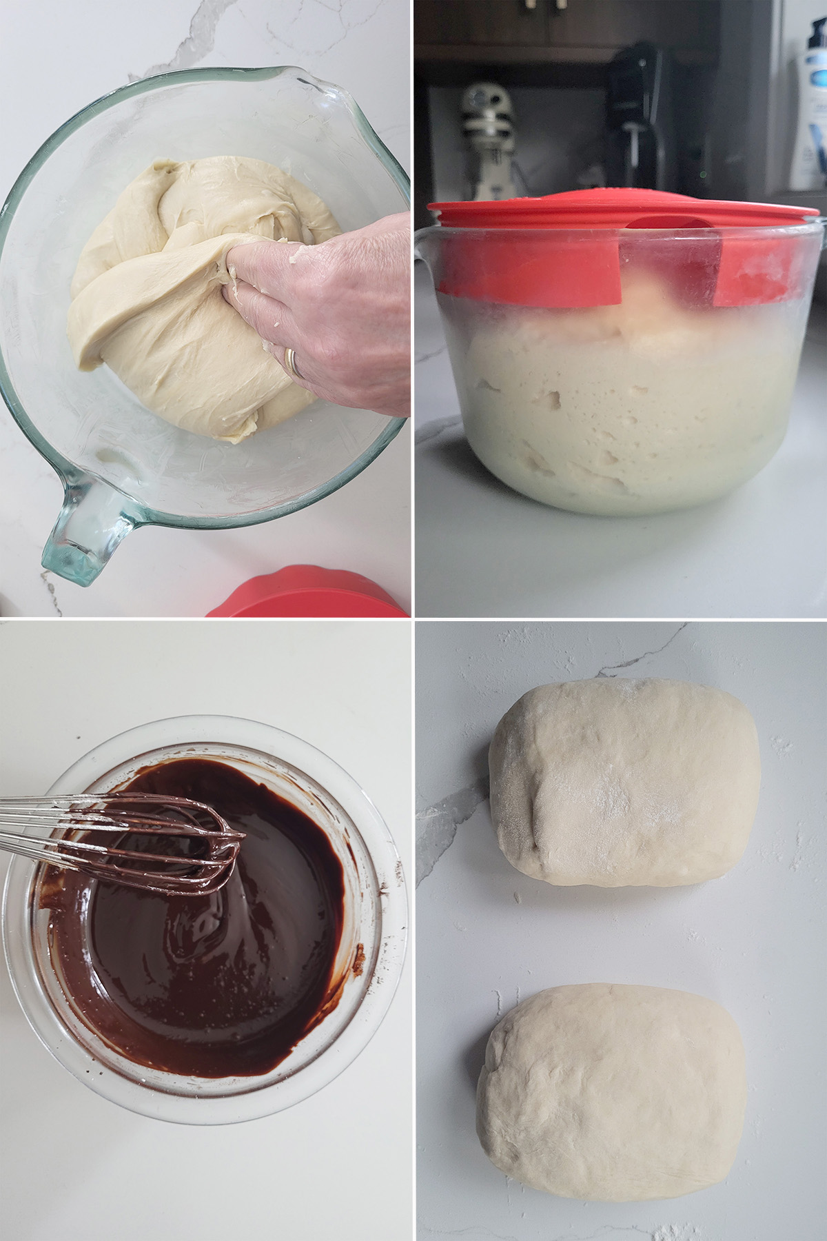 folding sourdough in a bowl. Risen dough in a bowl. chocolate filling in a bowl. two pieces of sourdough brioche on a white surface.