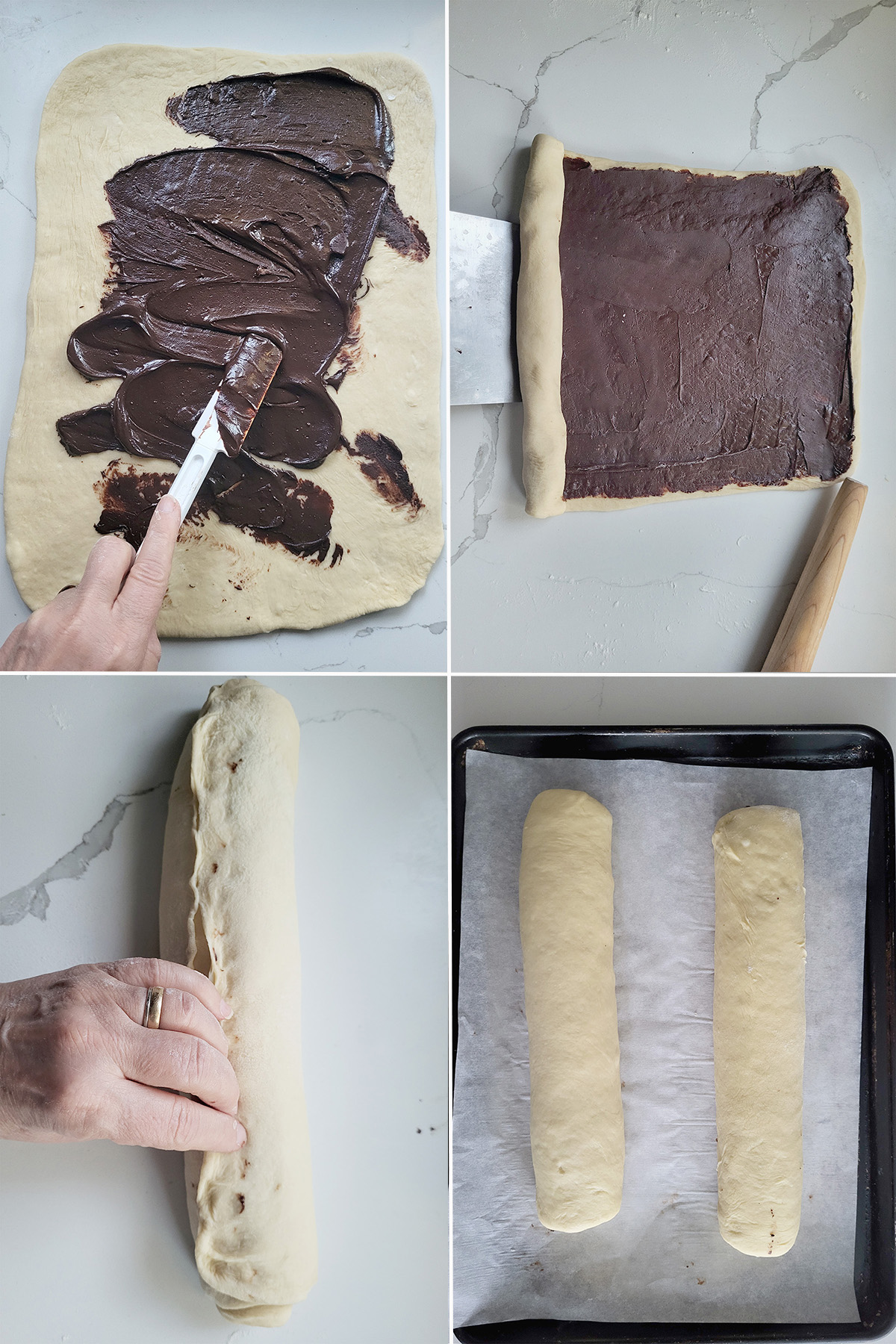 spreading chocolate on bread dough. rolling two logs. two logs on a pan.
