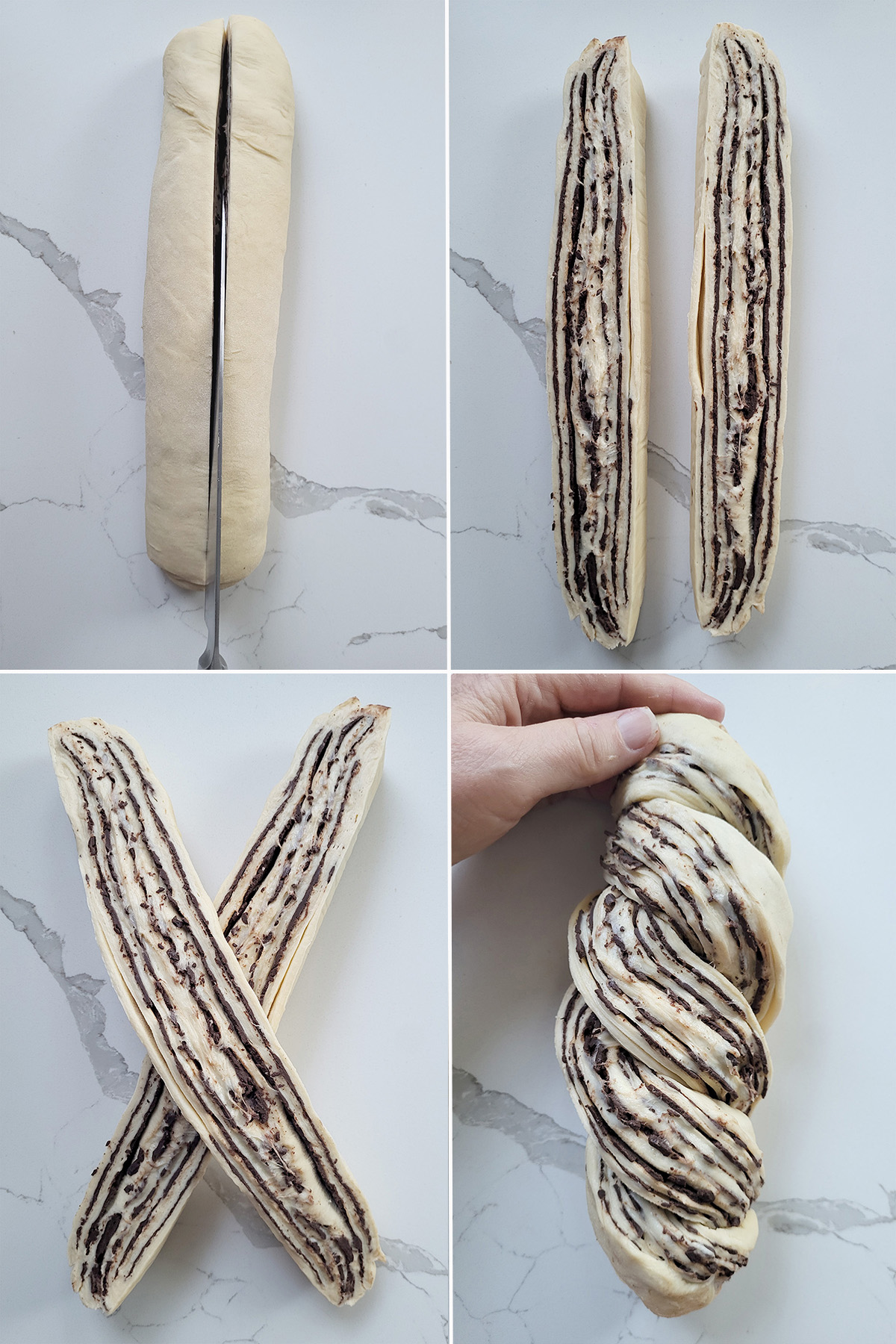 splitting a log of dough. twisting two pieces of dough with chocolate.