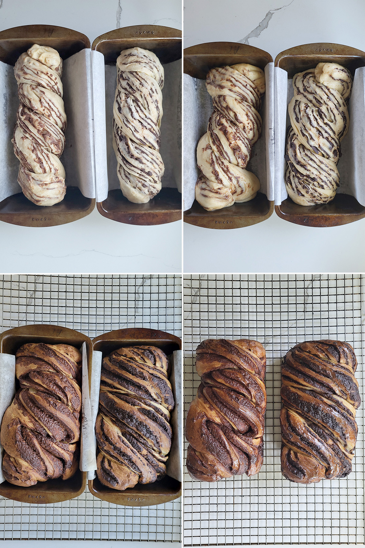 sourdough babkas in a pan before rising, after rising and after baking.