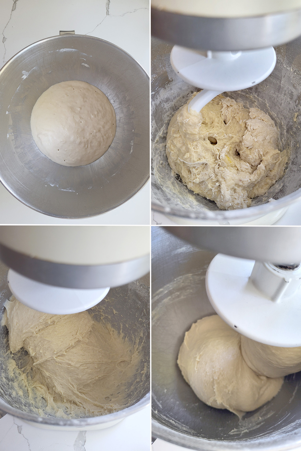 starter in a bowl. Shaggy bread dough in a bowl. smooth dough in a bowl.