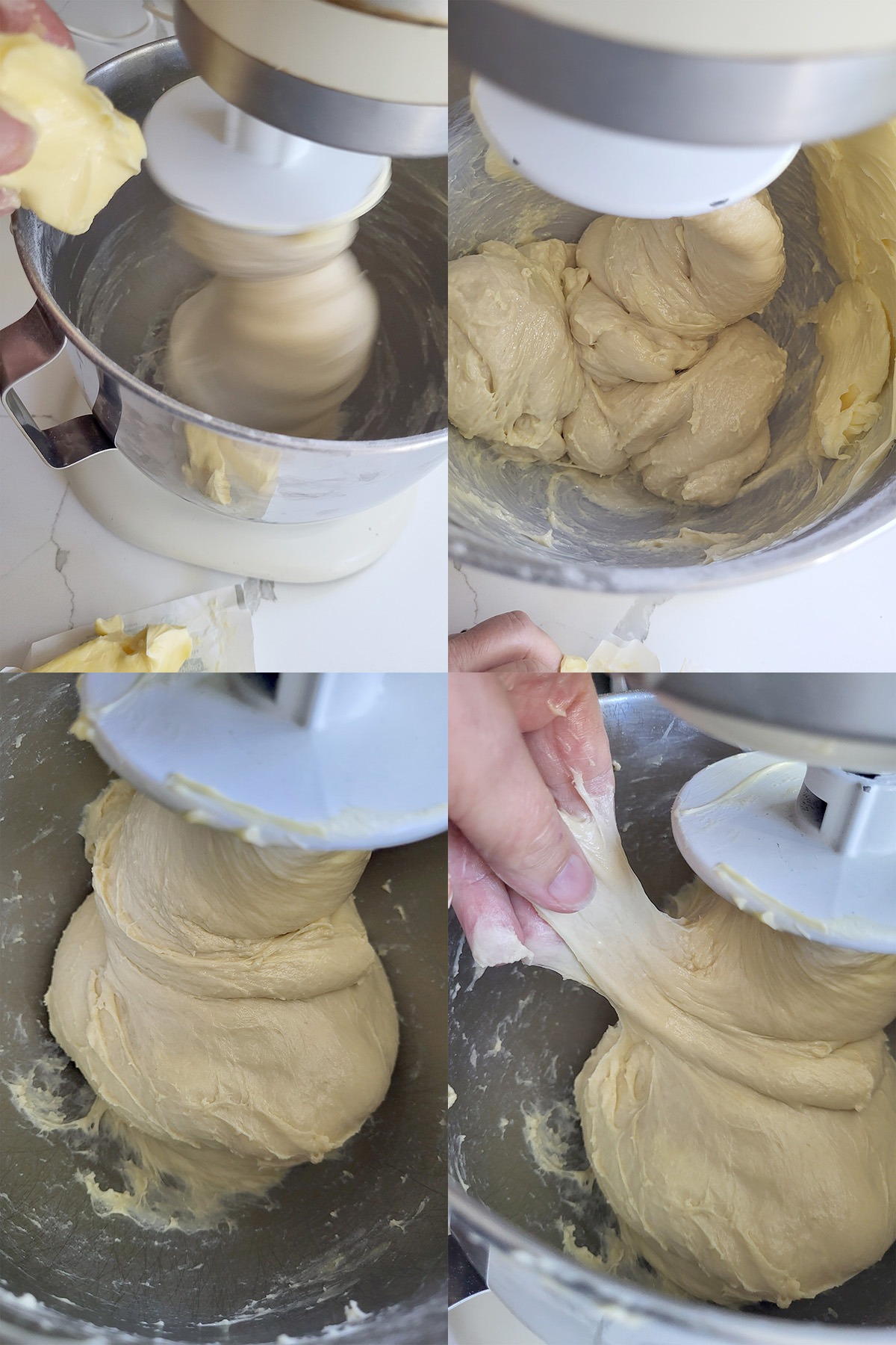 bread dough in a bowl with a hook. butter being added.