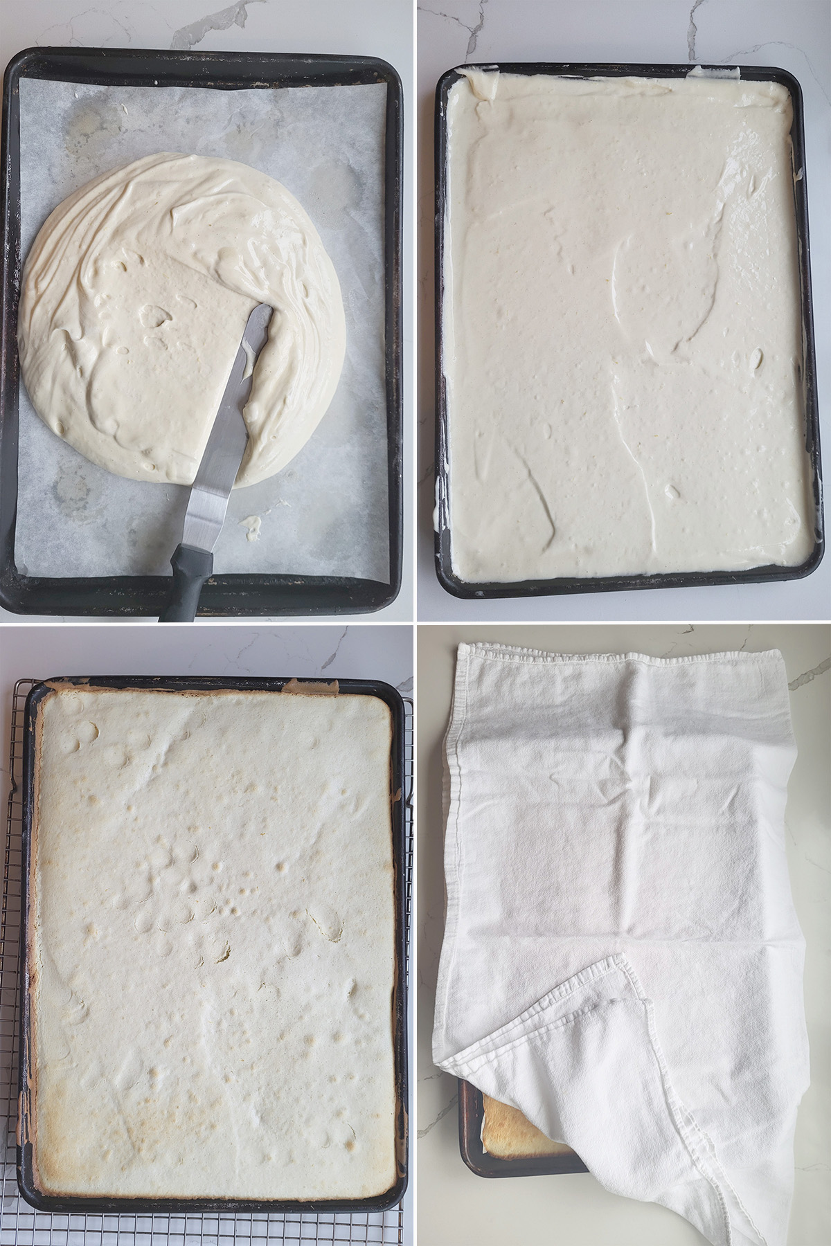 sponge cake batter in a sheet pan before and after baking then under a towel.