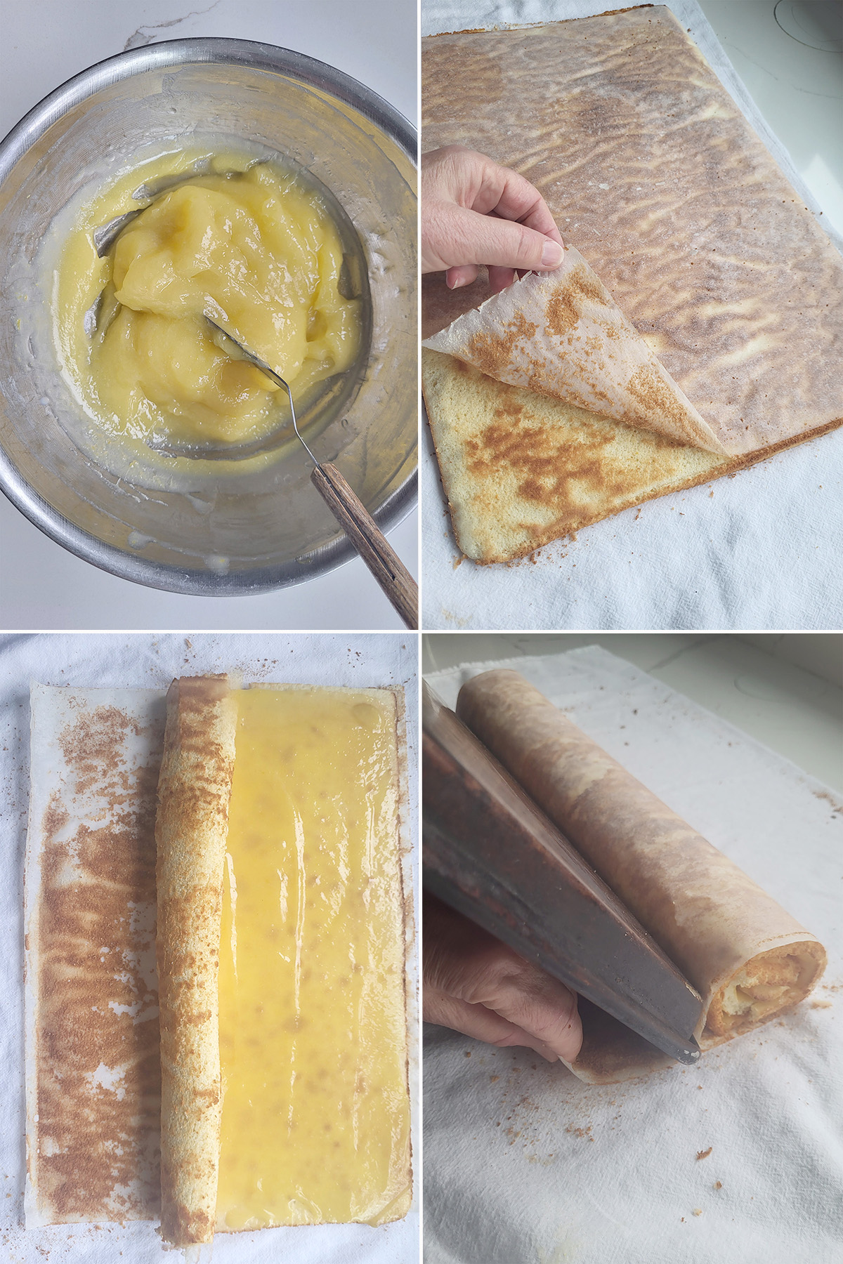 spreading lemon curd on a sponge cake and rolling the cake.