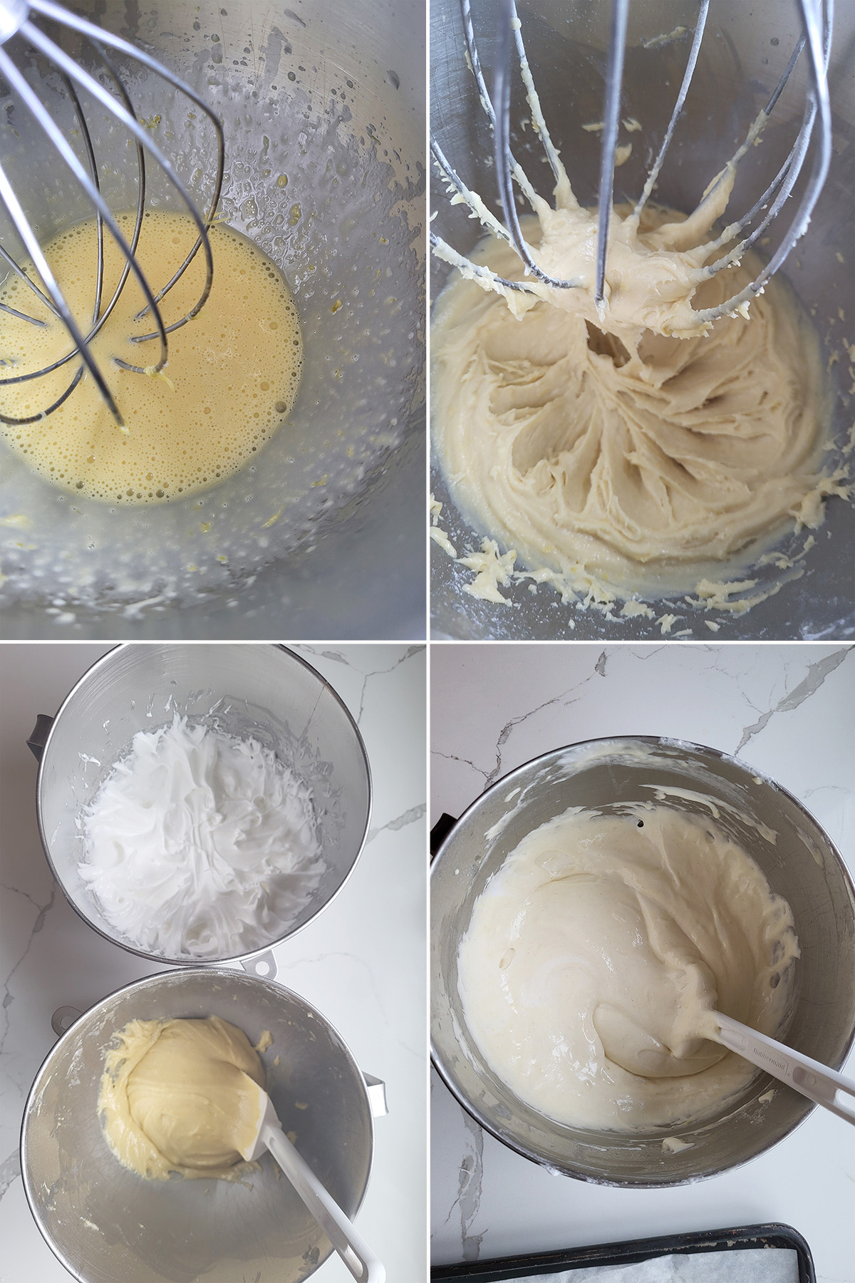 whipped egg yolks and egg white folded together in a bowl.