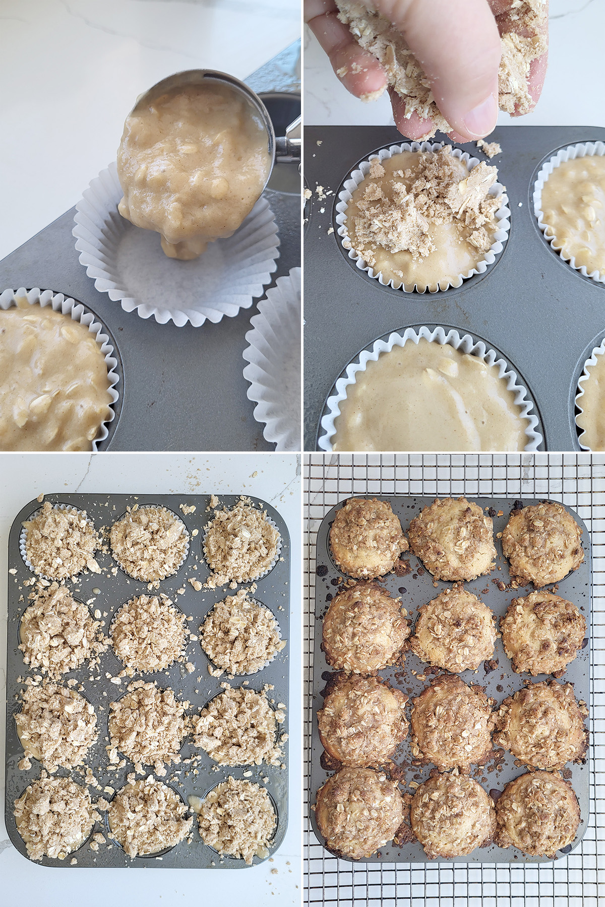 muffin batter scooping into a pan. muffins in a pan before and after baking.