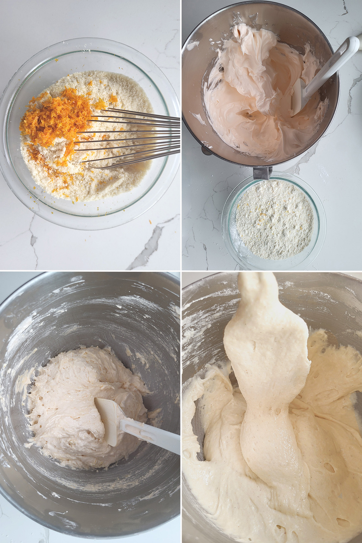 ground almonds, sugar and orange zest in a bowl. Whipped egg whites and almond flour folded together in a mixing bowl.