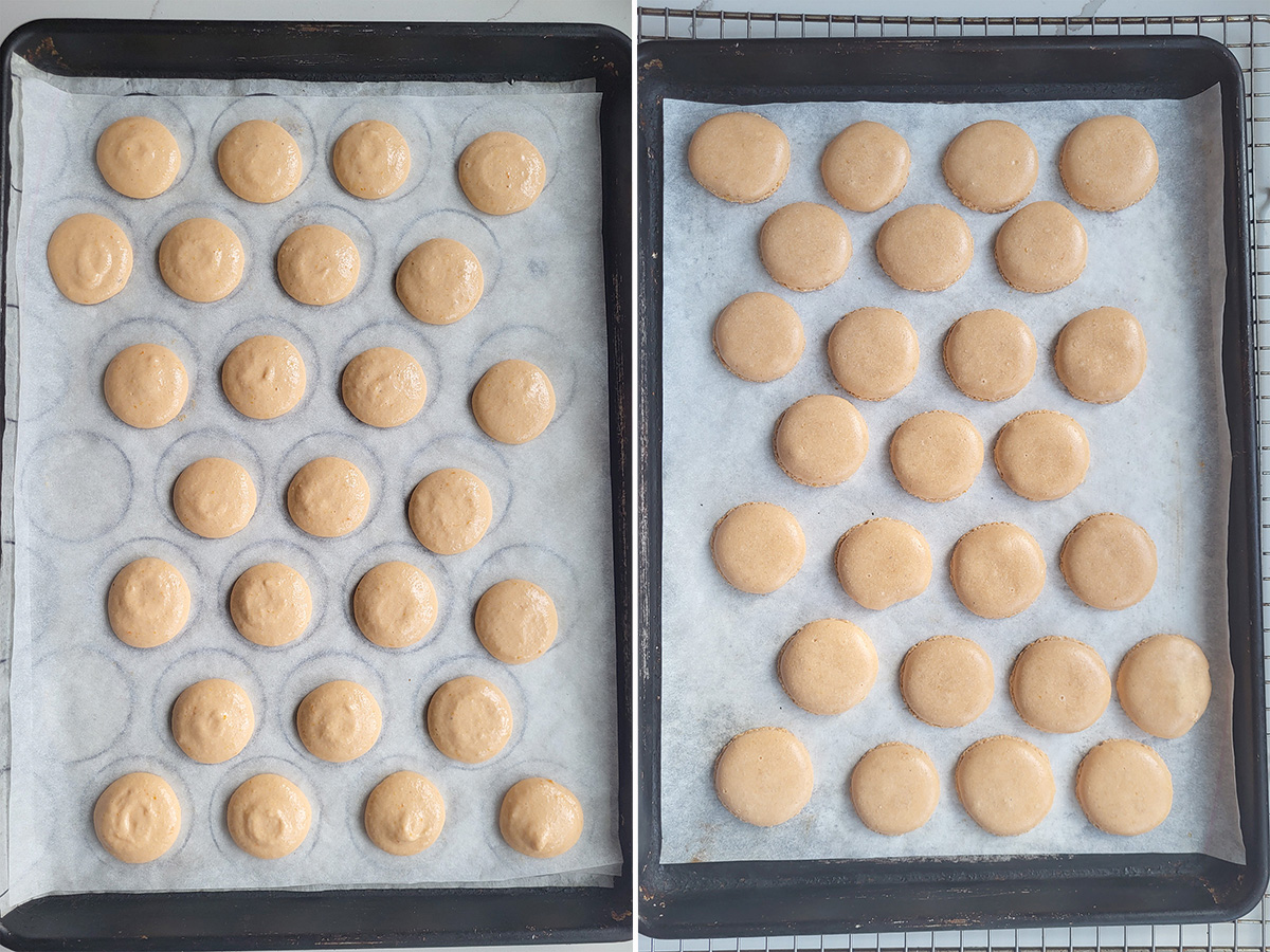 orange macaron shells on a baking sheet before and after baking.
