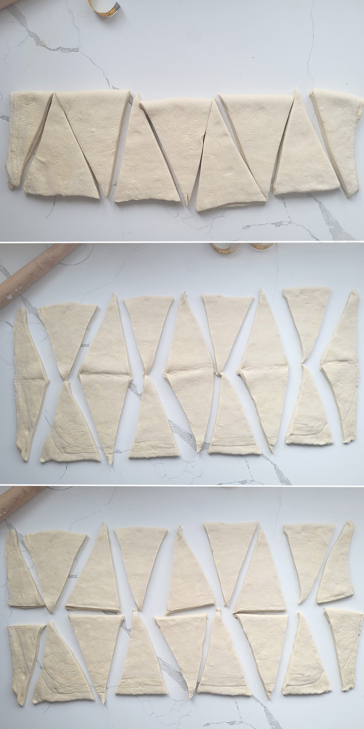 Cutting croissant dough into triangles.