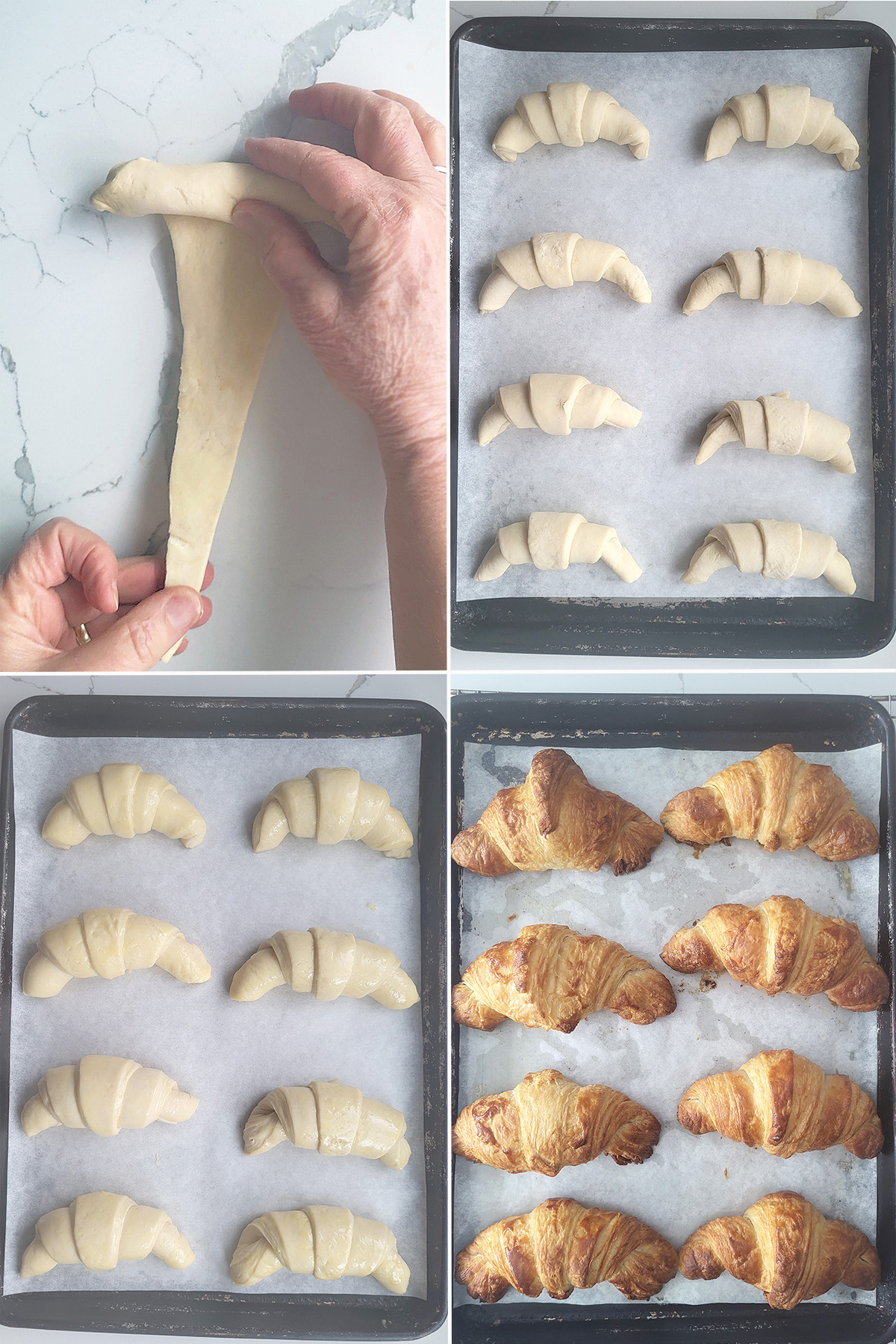 rolling croissant dough. croissants rising and then baked.