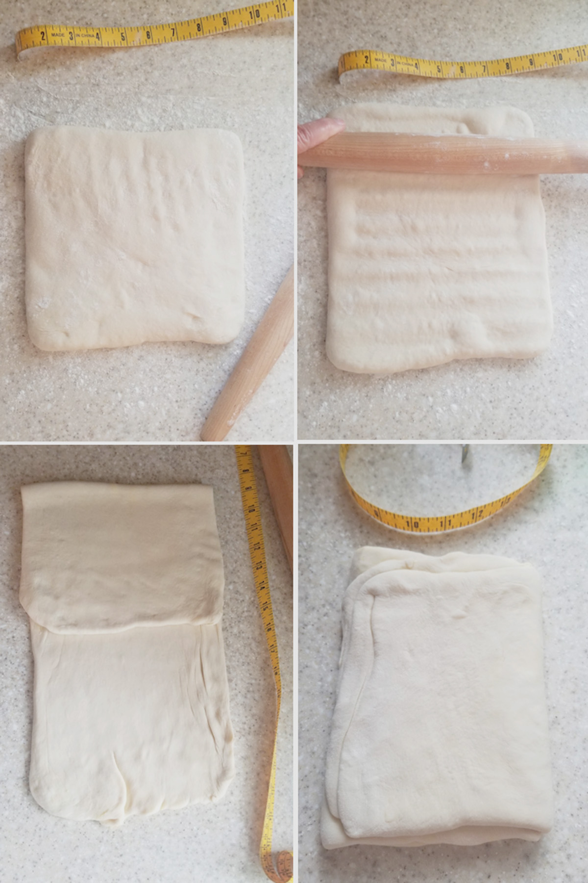 folded and rolled dough on a work surface.
