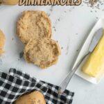 a pinterest image for sourdough rye dinner rolls with text overlay,