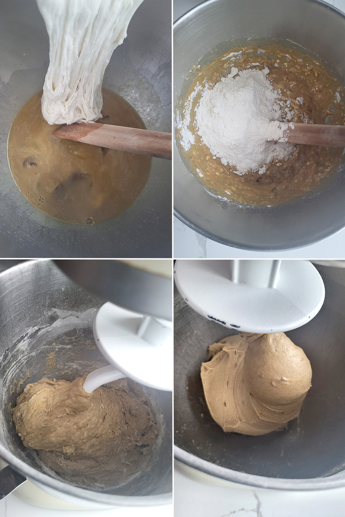 milk, molasses and eggs in a bowl with sourdough starter added. Then flour added and kneaded on hook,.