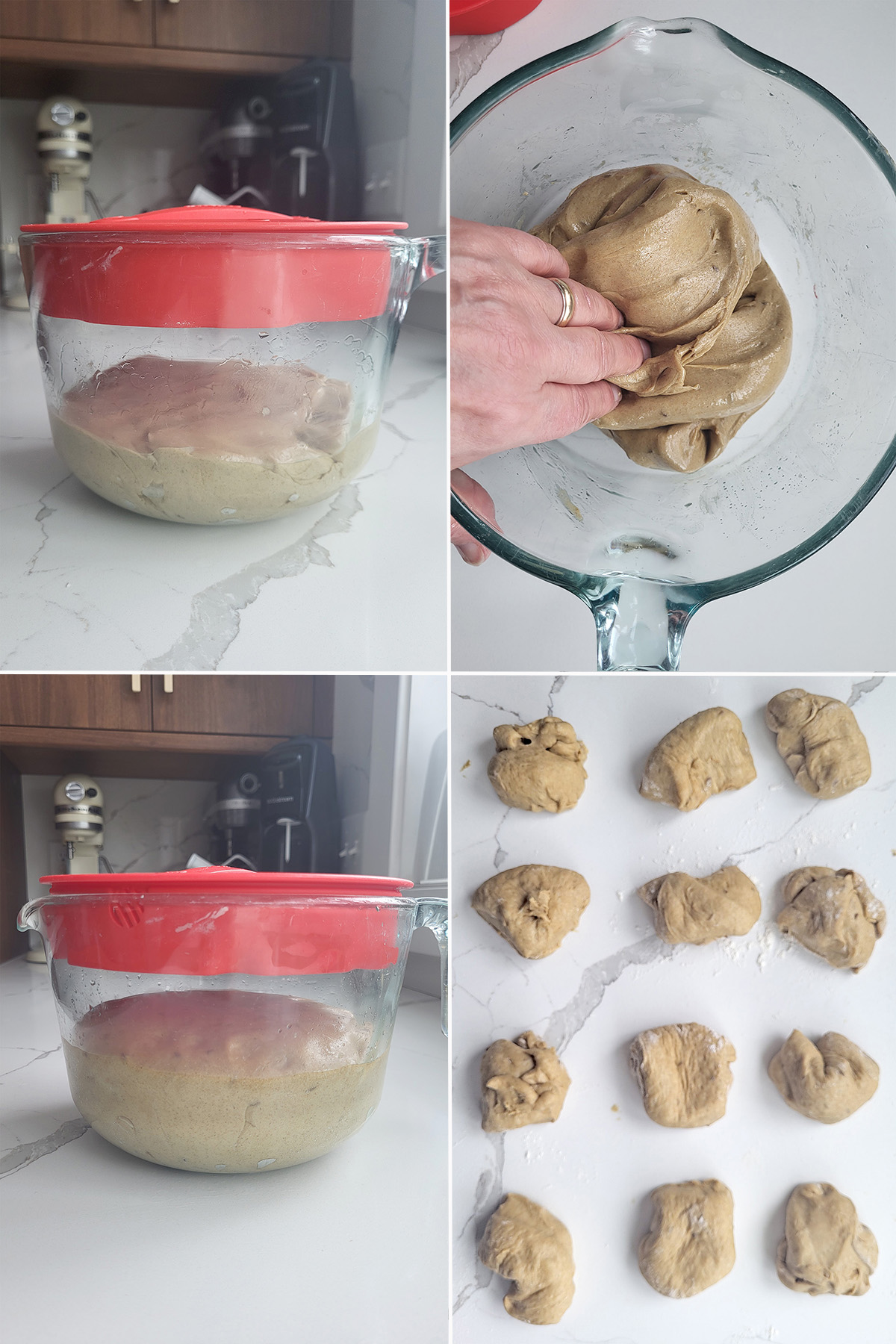 sourdough rye dinner roll dough in a glass bowl before and after rising.