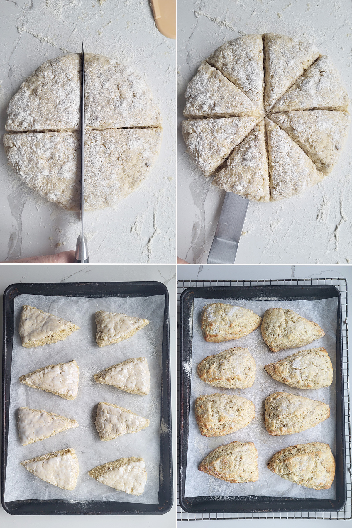Cutting a round of banana scones dough into wedges. Scones on a tray before and after baking.