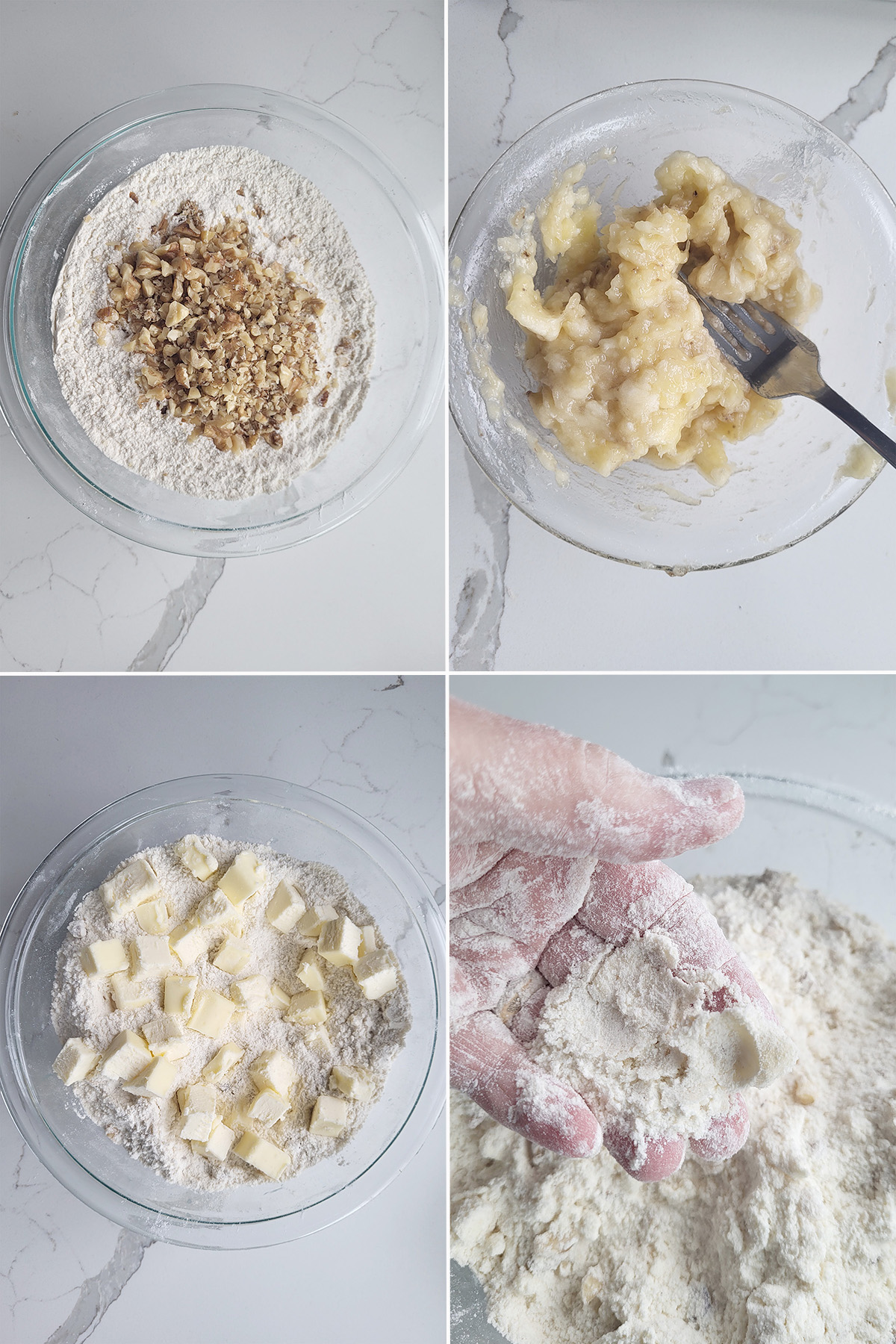 flour and walnuts in a bowl. mashed bananas in a bowl. butter and flour in a bowl. a hand cutting butter into flour.