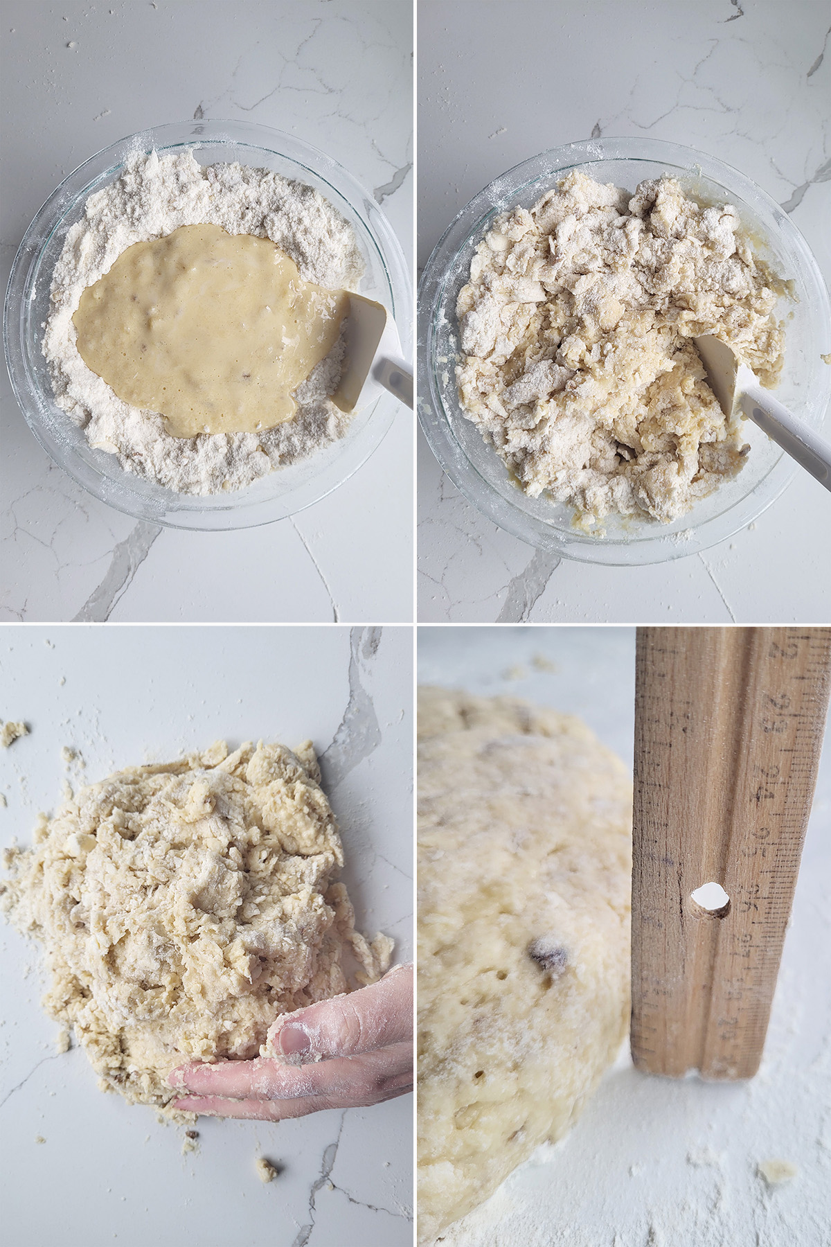 wet and dry ingredients for banana scones mixed in a bowl. A hand patting scone dough into a round.